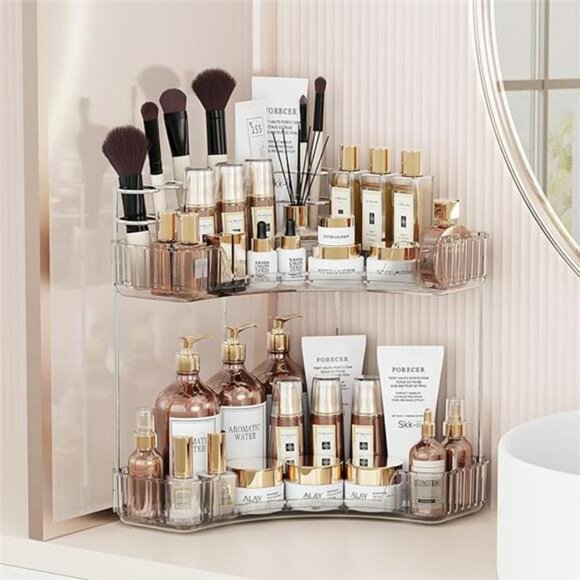 Clear 2 tier corner organizer with brush holder bathroom vanity storage - Picture 7 of 7
